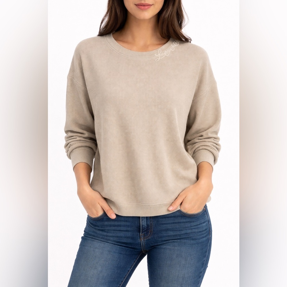 SundryXEvereve Waffle Knit Embroidered Loved Crewneck Top in Off White Sz Medium